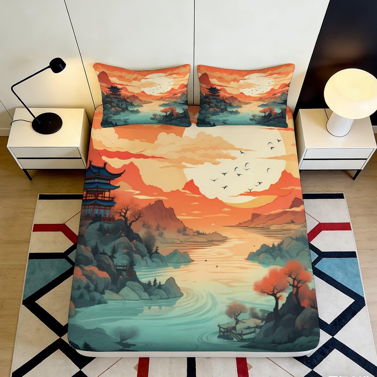 3D Printed Landscape Art Fitted Sheet Microfiber Deep Pocket Bedroom Bedding Set Non-Slip Full Wrap Mountain View Mattress Fitted Cover 200x200x25cm