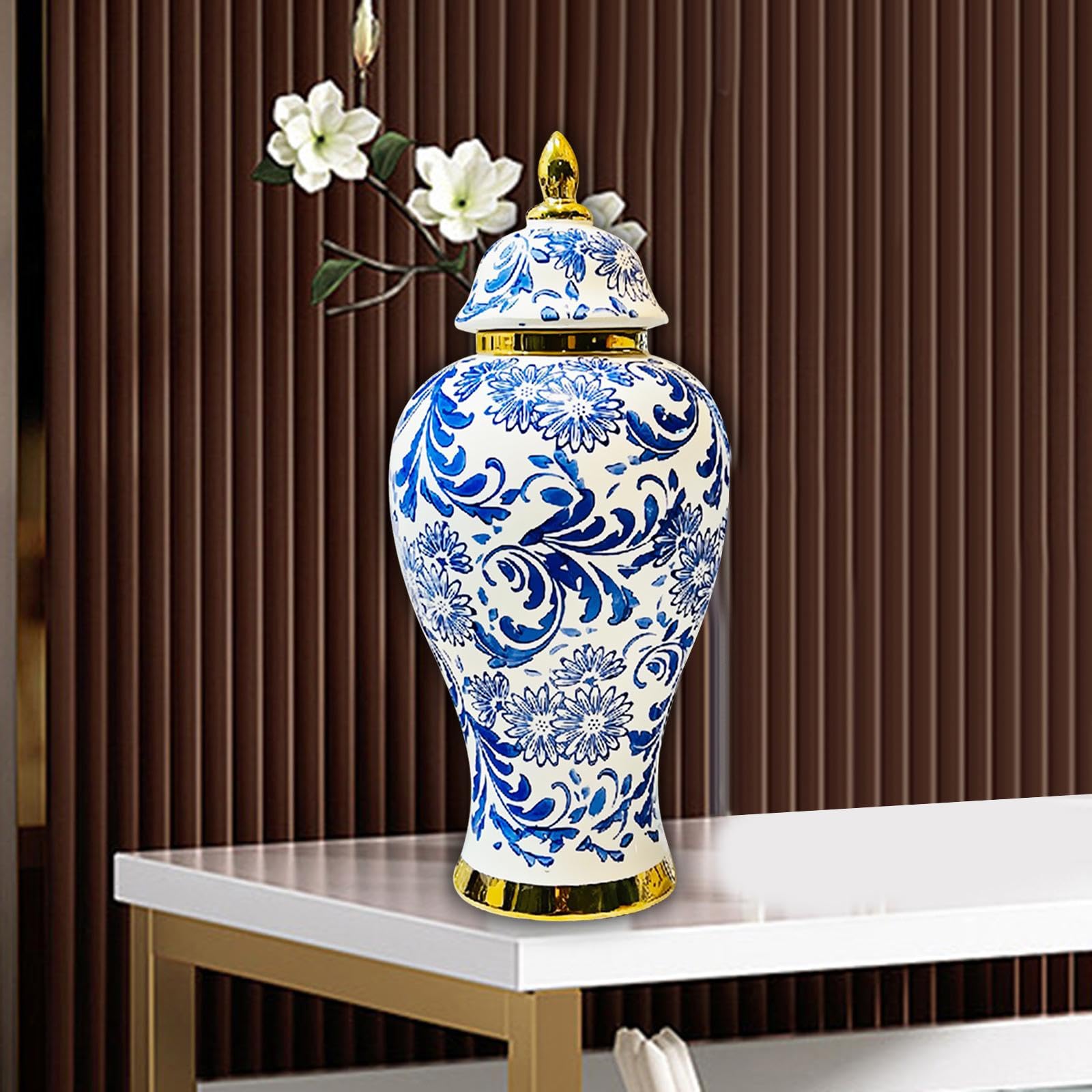Homyl Ginger Jar Vorratsdose Porzellan Zierobjekt mit Deckel Blumenvase Traditionelles Muster für Teeaufbewahrung Büro Wohnzimmer Geschenk Arbeitszi, M