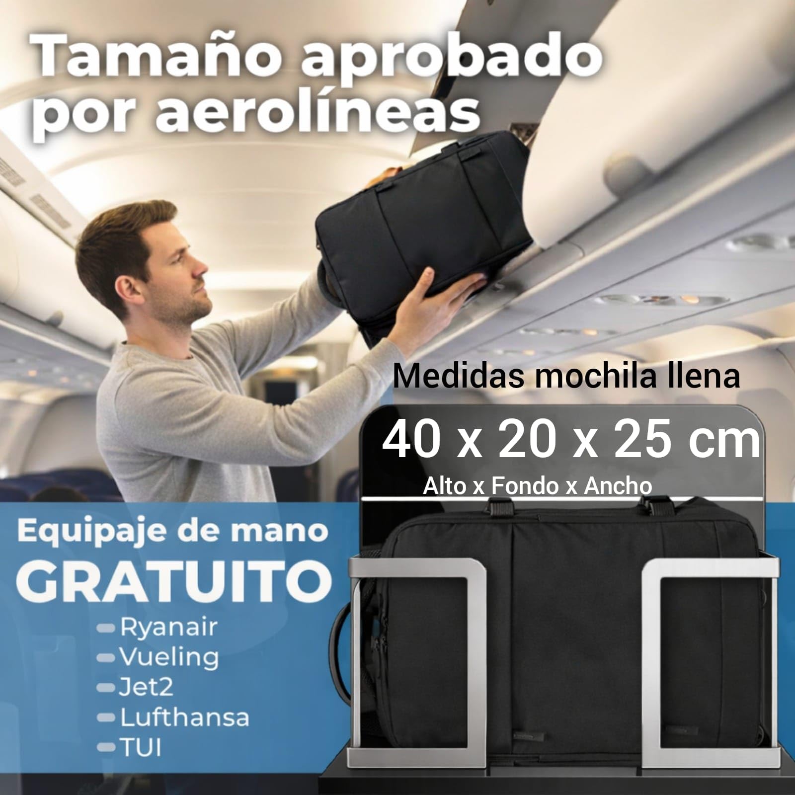Mochila Viaje Cabina Avion 40x20x25 compatible con Aerolineas Maleta Cabina con apertura 180°, puerto USB y compartimentos organizados Mochila Viaje ligera impermeable Mochila Mujer (Negro)