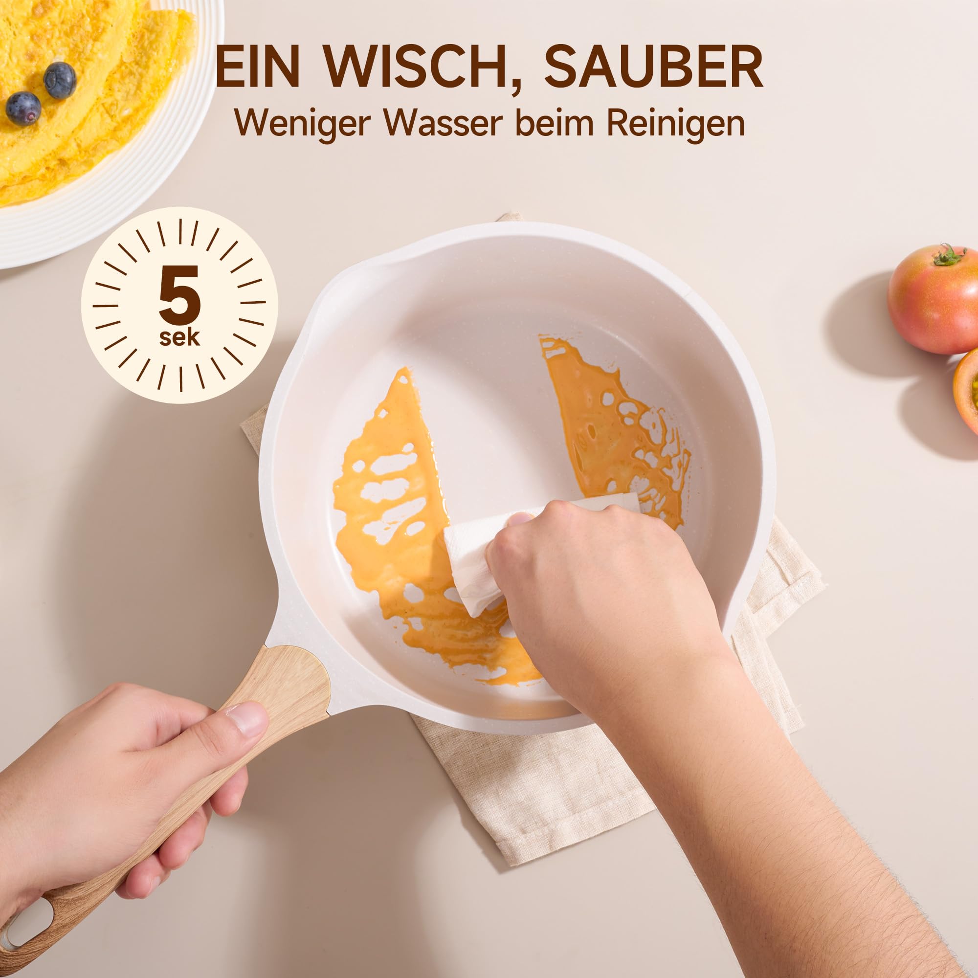 JEETEE Topf- und Pfannenset 23-teilig Beige, Antihaft Topfset für Induktion, mit Glasdeckeln, Kochtopf, Bratpfannen, Schmorpfanne, Crêpe-Pfanne und Grillpfanne