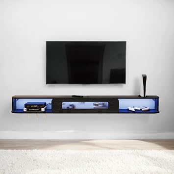 Pmnianhua Floating TV Stand with LED Lights, Solid Wood Wall Mounted TV Cabinet with Glass Door, Mid-Century Entertainment Media Console Center Large Storage Shelf Under TV 160cm, Black