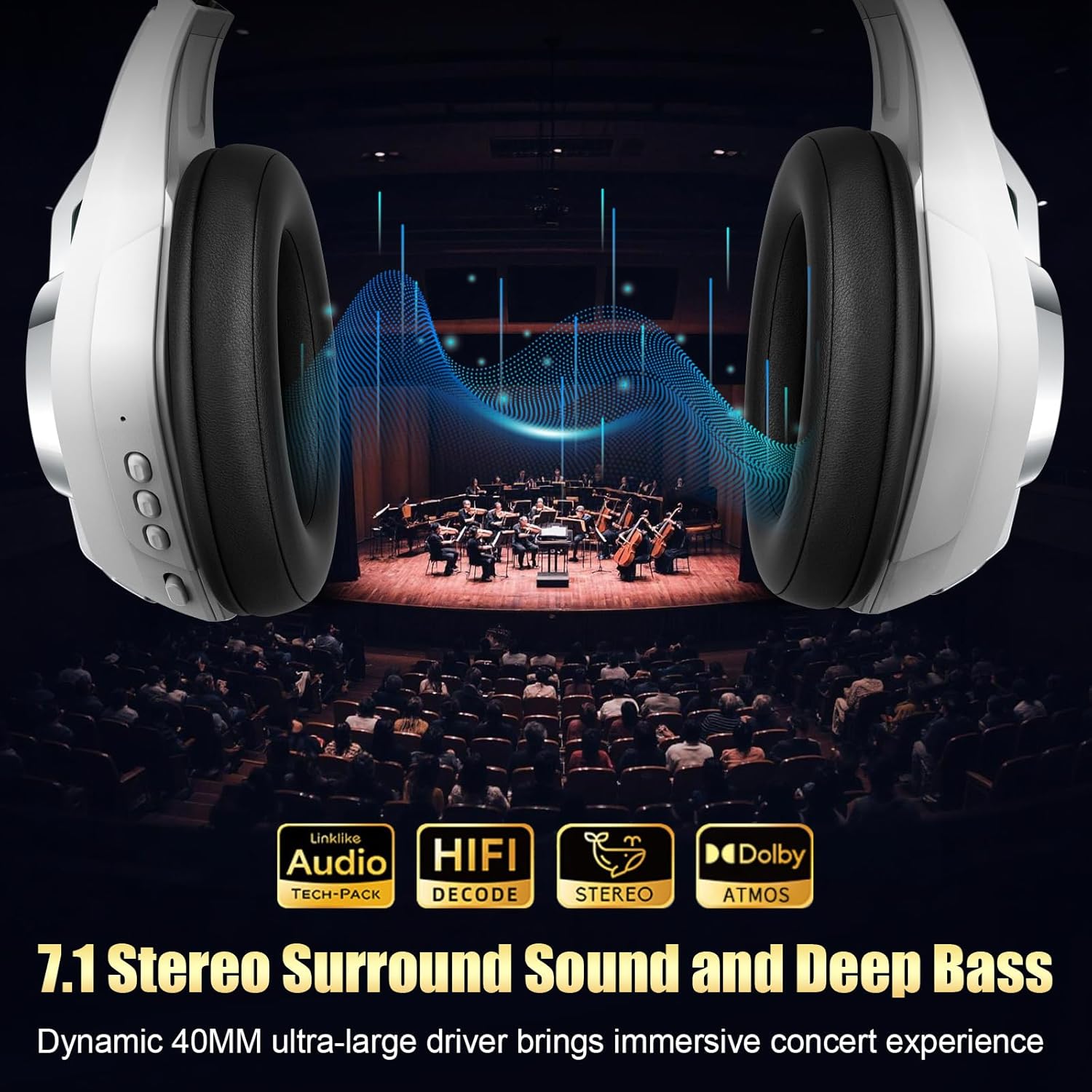 2.4GHz Wireless Gaming Headsets for PS5/PS4/PC/Switch/Xbox, RGB Noise Cancelling Over-Ear Headphones with 7.1 Surround Sound, 40mm Drivers, 276g Ultraligero, Memory Foam, 45H Gaming Headphones White