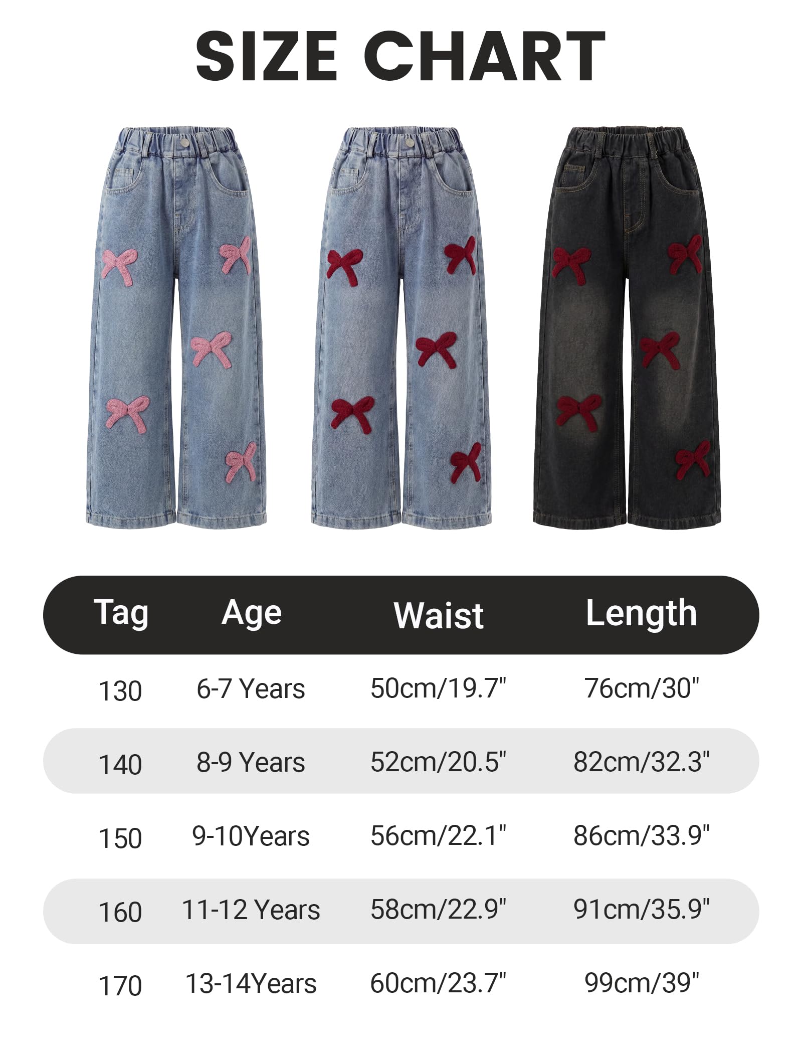 JiAmy Jeans larges pour filles avec nœud brodé pour enfants de 130 à 170 ans, 5 à 13 ans