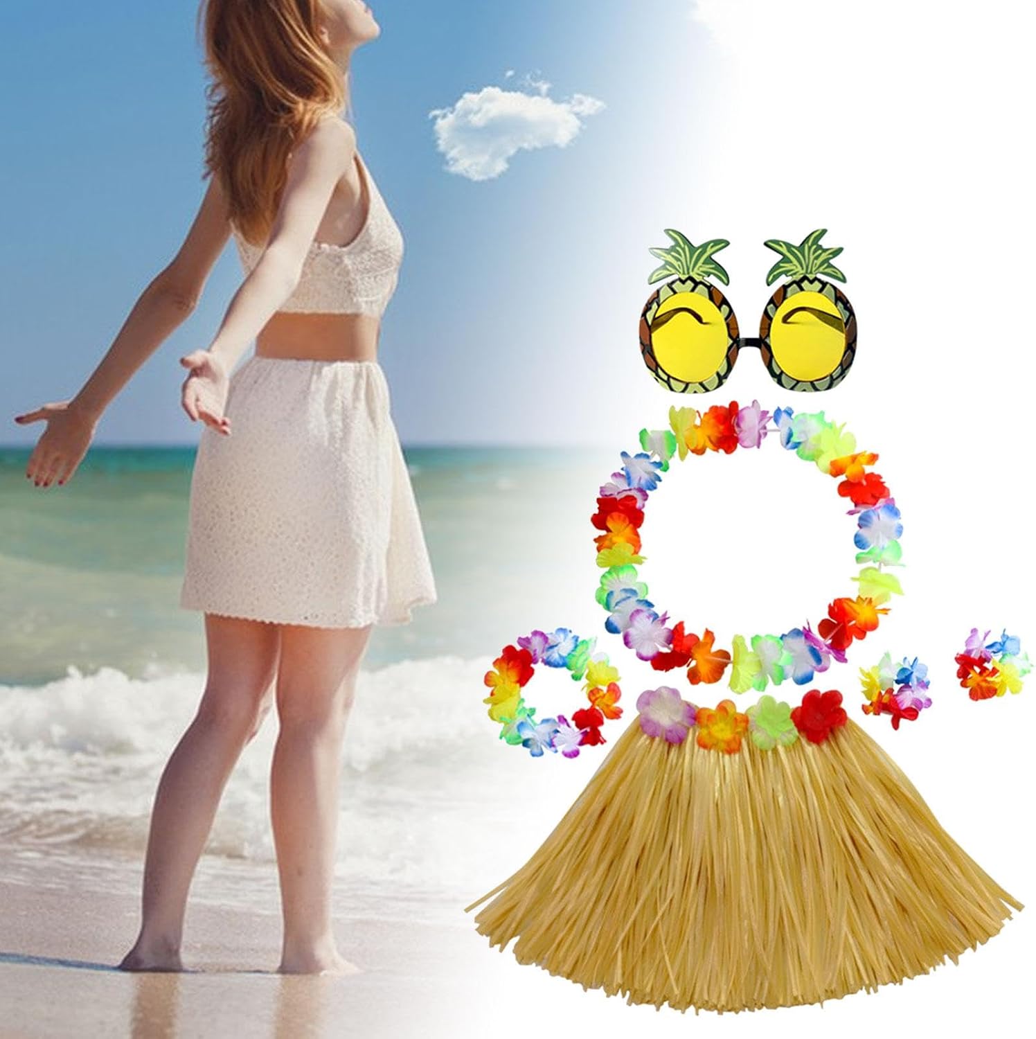 Kit Complet Hawaïen 8 Pièces – Jupe En Herbe, Soutien-Gorge Fleurs, Collier, Serre-Tête, Bracelets, Pince Hibiscus & Lunettes Ananas