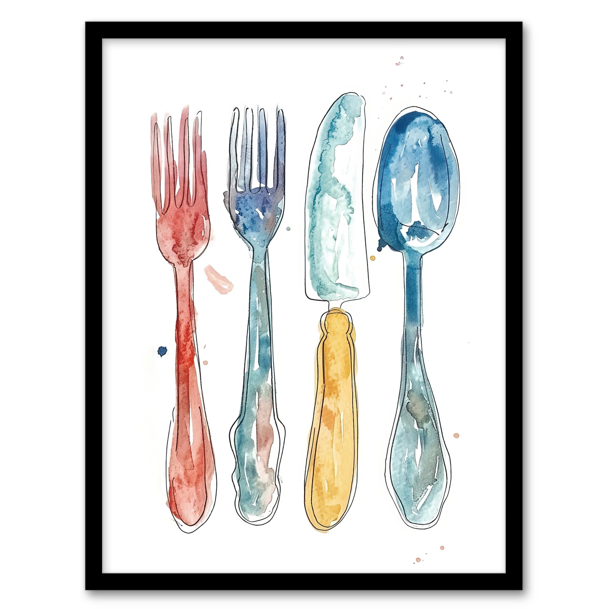 Artery8 Cutlery Fork Knife Spoon Bright Happy Watercolour Kitchen Artwork Framed Wall Art Print A4