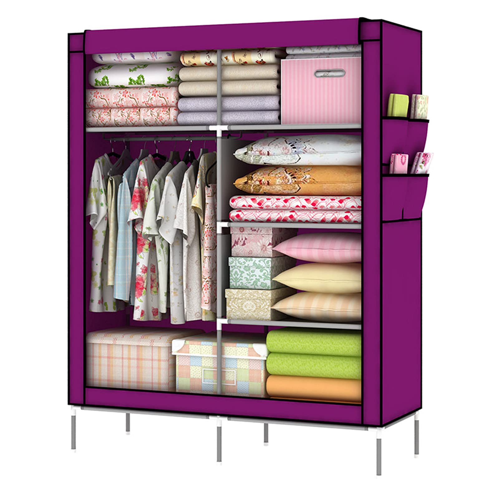 Offener Kleiderschrank, freistehender Stoffschrank in Leinwandoptik mit Seitentaschen, Reißverschluss und Kleiderstange, 108 x 45 x 170 cm (Größe: 108 x 45 x 170 cm, Farbe: F) (A 1