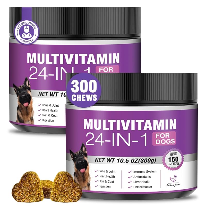 Multivitamínico mastigável 24 em 1 para cães TTLXBL sabor frango com Ômega 3, glucosamina e probióticos, 300 unidades