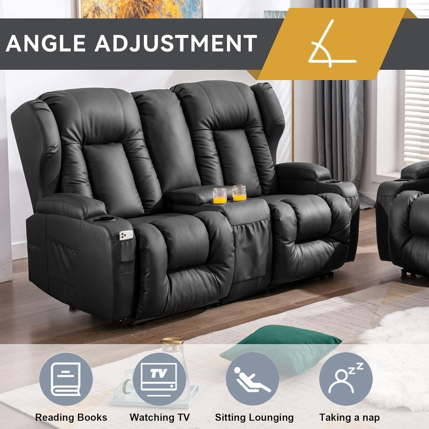 IPKIG 65.3" RV Loveseat Recliner Sofa with Storage Console, Leathaire Fabric Wall Hugger Reclining Chair with Cup Holders and Side Pockets, Home Theater Seating Manual Recliner for Living Room (Black)