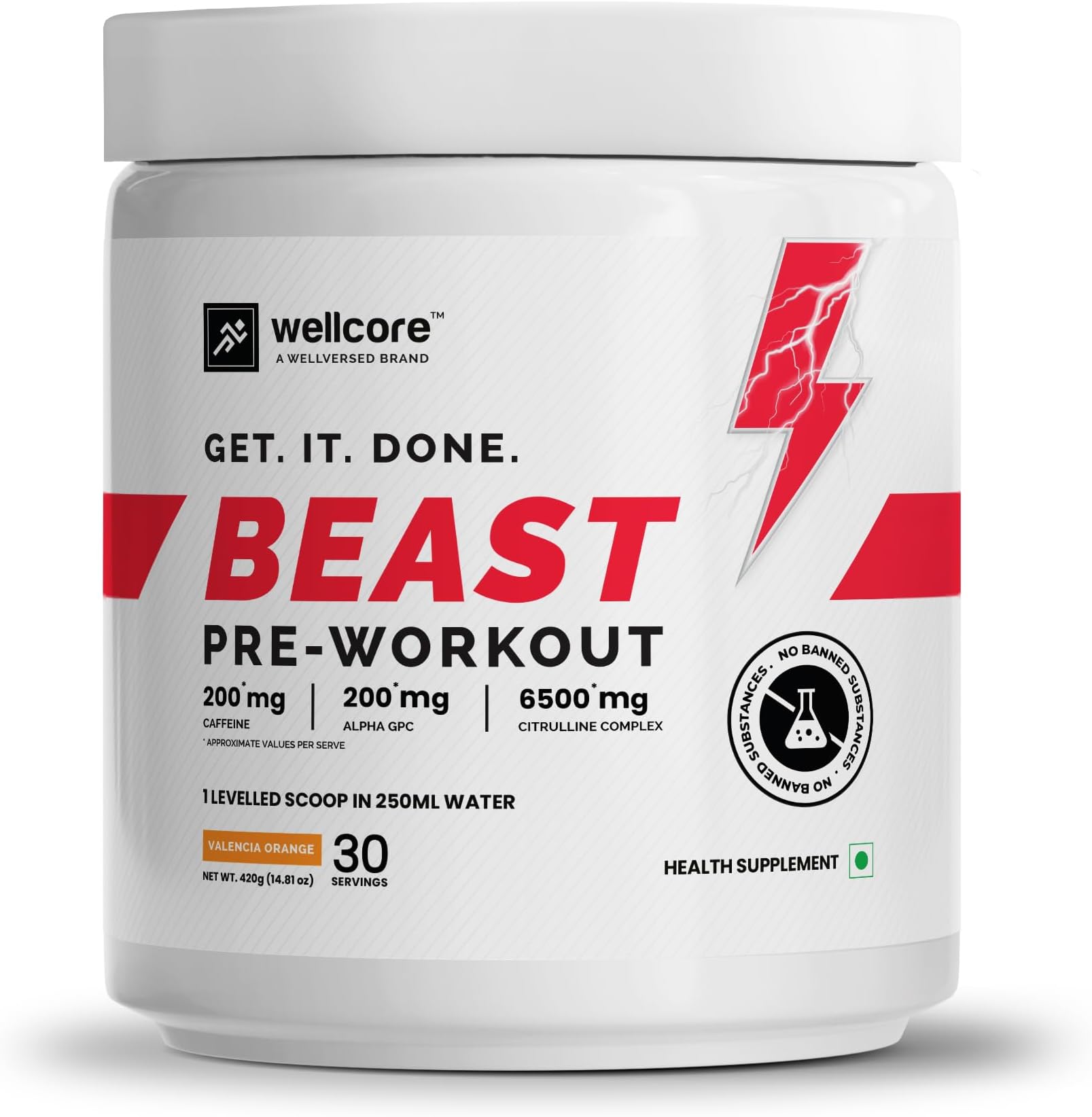 Wellcore - Beast Mode Pre Workout Supplement (420 grams, 30 Servings) | Valencia Orange | for Men & Women With 200 mg Alpha GPC | 200 mg Caffeine | 6500mg Citrulline Complex | 1000mg Creatine, Powder