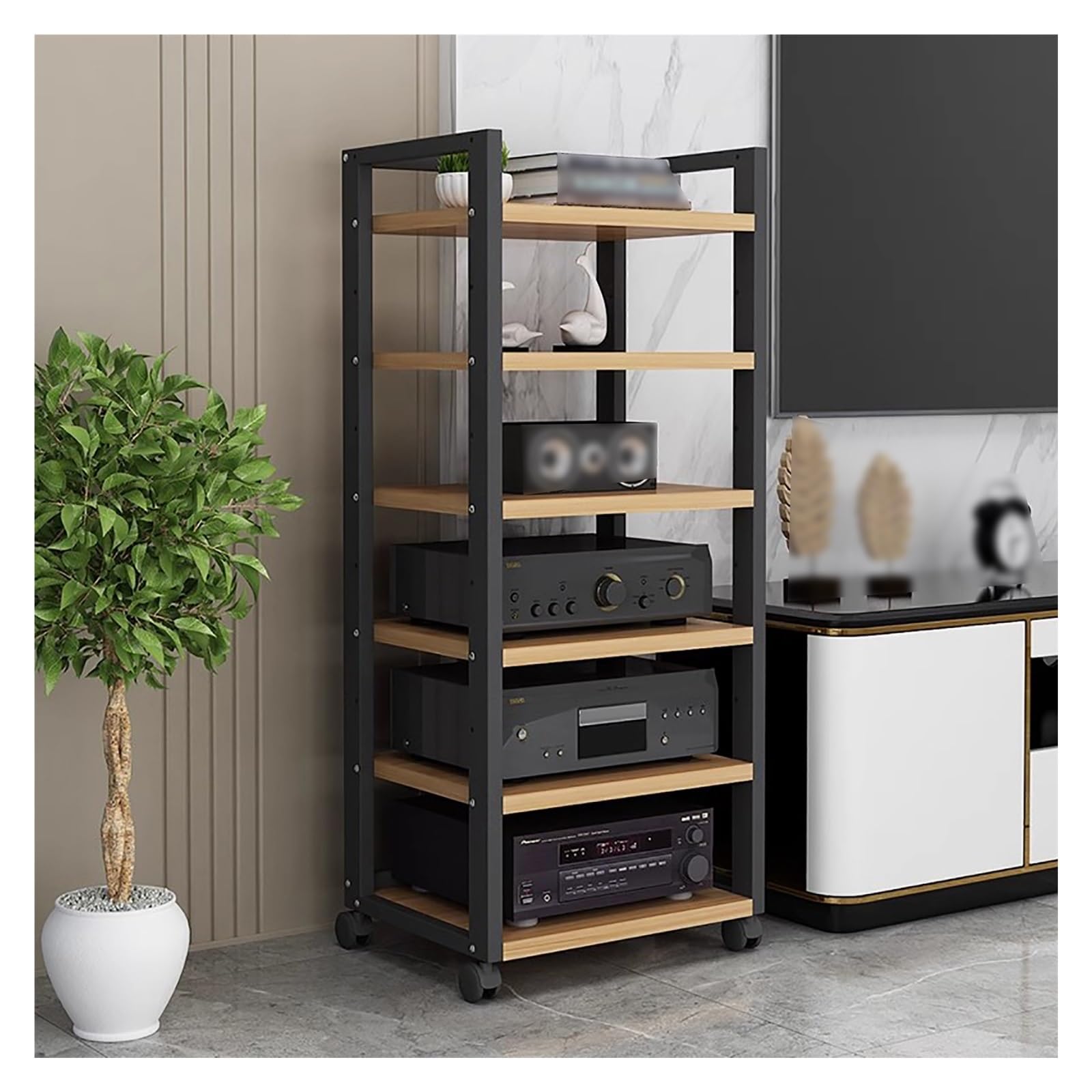 Meuble TV à 6 Niveaux avec Tour de Rangement vidéo - Console Ouverte pour Lecteur CD et Vinyle, idéale pour Le Bureau, Le Salon ou la Salle de Jeux - Étagère multimédia Blanche élégante
