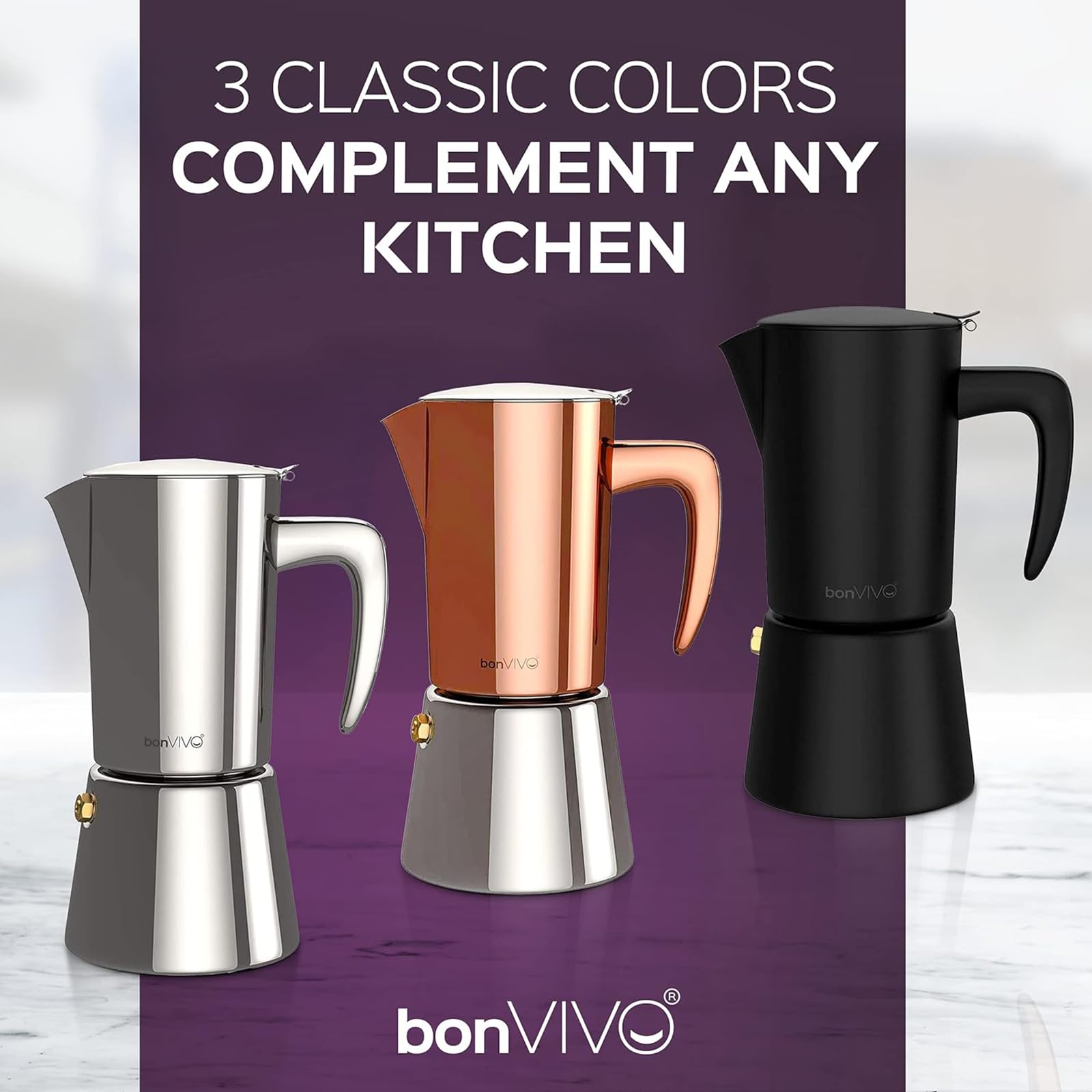 bonVIVO Intenca Espressokocher Induktion geeignet - Edelstahl Kaffeekocher in Kupfer Edelstahl m. Wasserkessel, Sieb – Mokkakanne (Kupfer, 6 Tassen 300 ml)