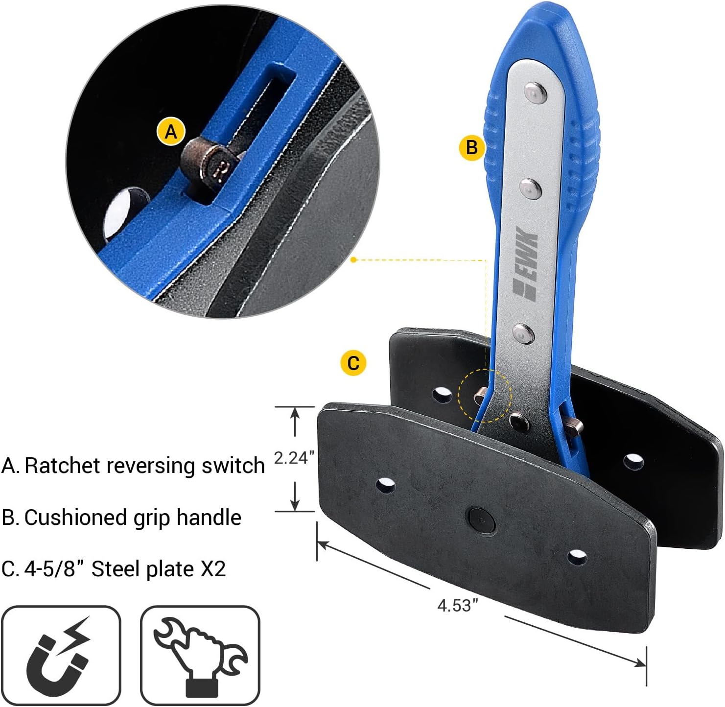 EWK Brake Caliper Press Tool Piston Spreader Pad 360 Degree Swing Ratchet Range from 1.57"-2.68"