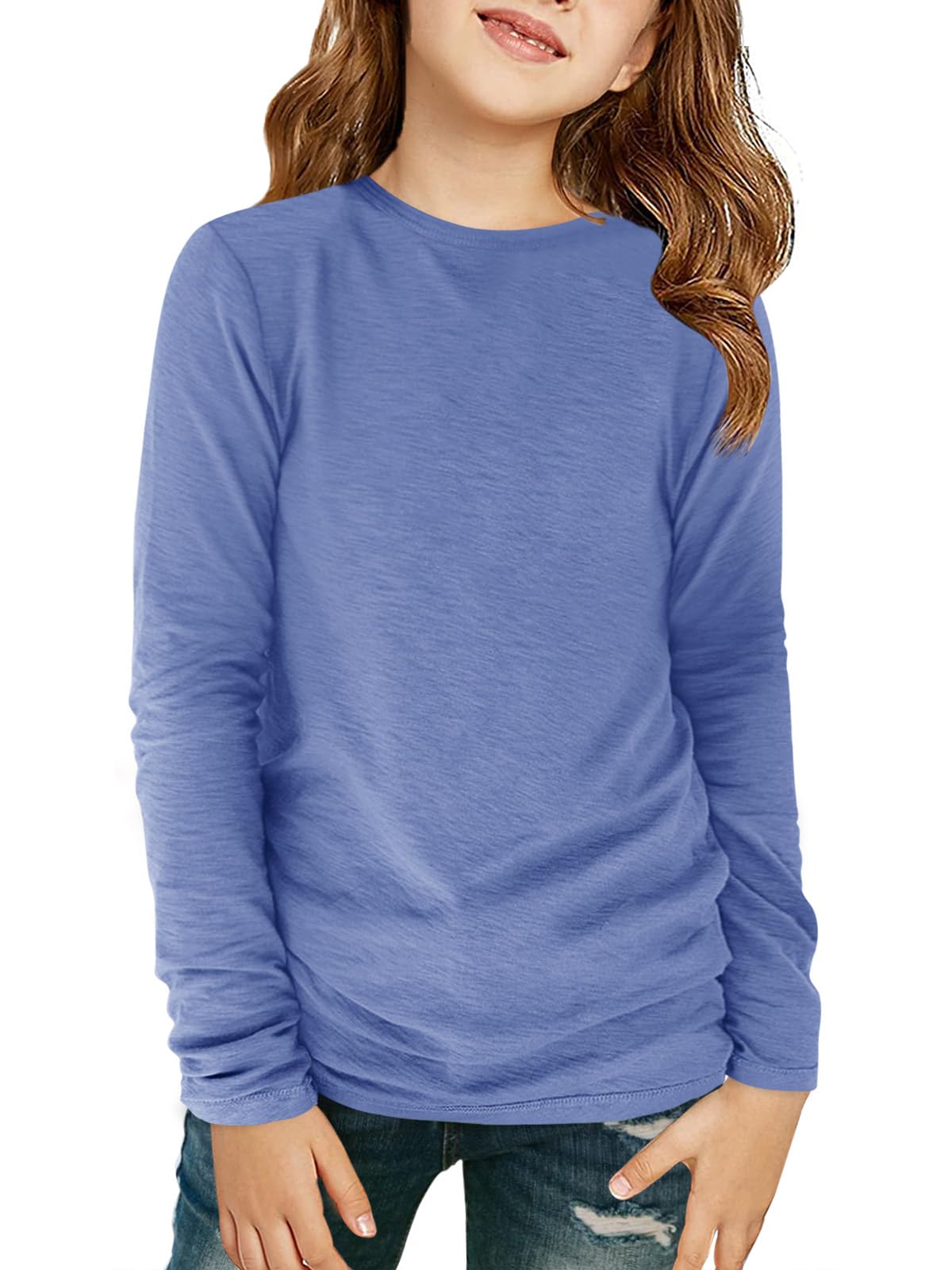 Haloumoning Girls Long Sleeve Crewneck T-Shirts Fall Tops 5-14Y | Solid Color Tees,Fashion Clothes