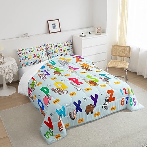 Miniatura 4 de jejeloiu Juego de edredón educativo para niños, tamaño King, juego de ropa de cama con números del alfabeto ABC para niños y niñas pequeños con