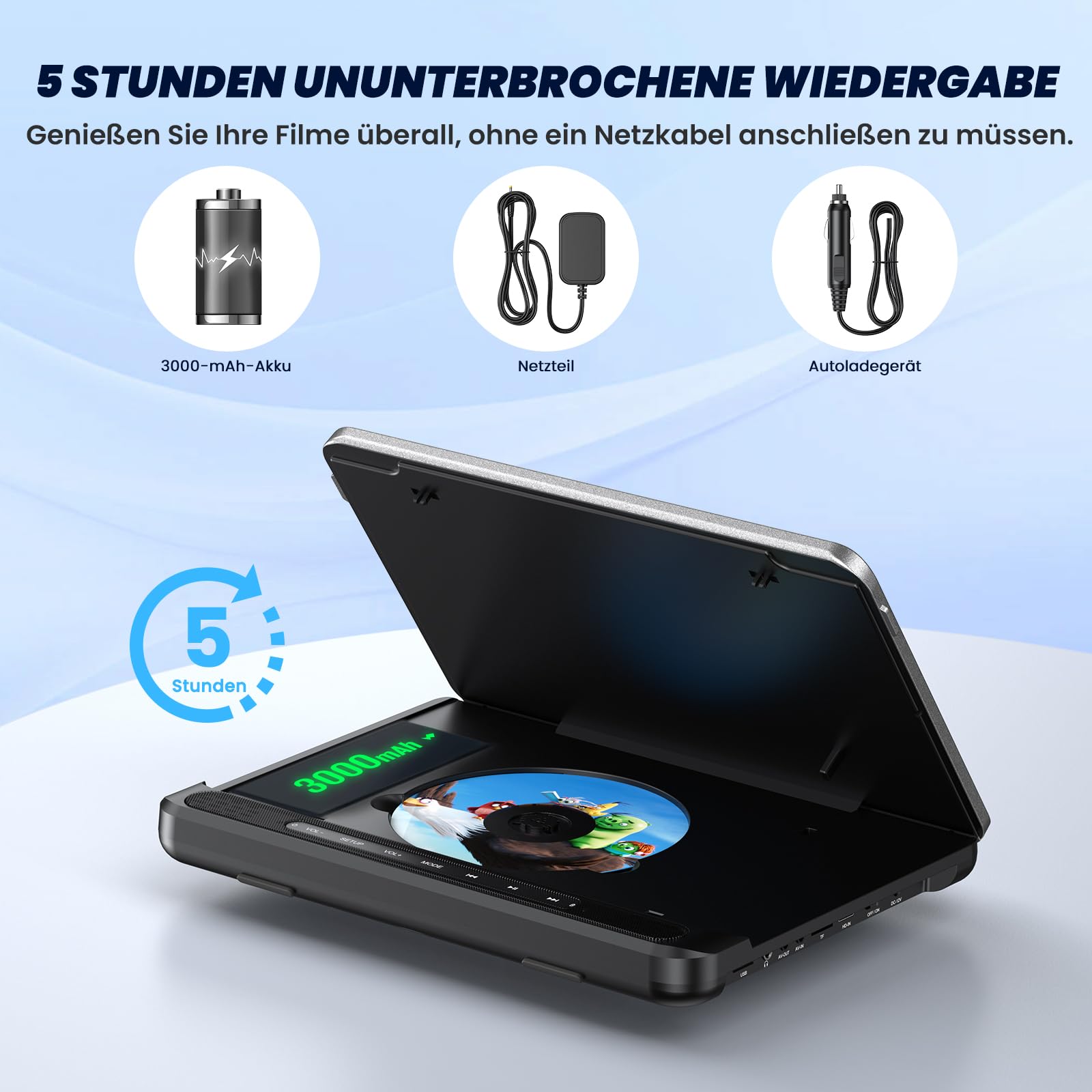 12'' Auto DVD Player für Kinder mit HDMI-Eingang, Tragbarer DVD-Player unterstützt USB/TF-Karte, AV-EIN- und -Ausgang, regionenfrei, letzter Speicher