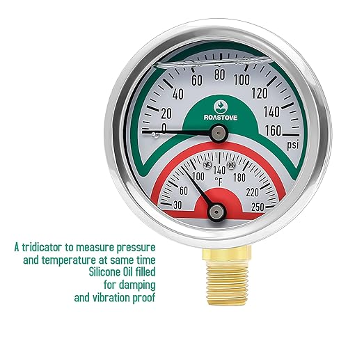 Miniatura 6 de Roastove Tridicator, Termomanómetro, 2-12 pulgadas, lleno de aceite de silicona, 0-160 psi30-250 grados F, carcasa de acero inoxidable, manómetro de