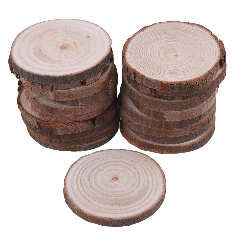 RDEXP 4cm-5cm Dia Natural Pine Wood Unfinished Round Discs Tree Bark Wooden Circles for DIY Crafts Set of 20