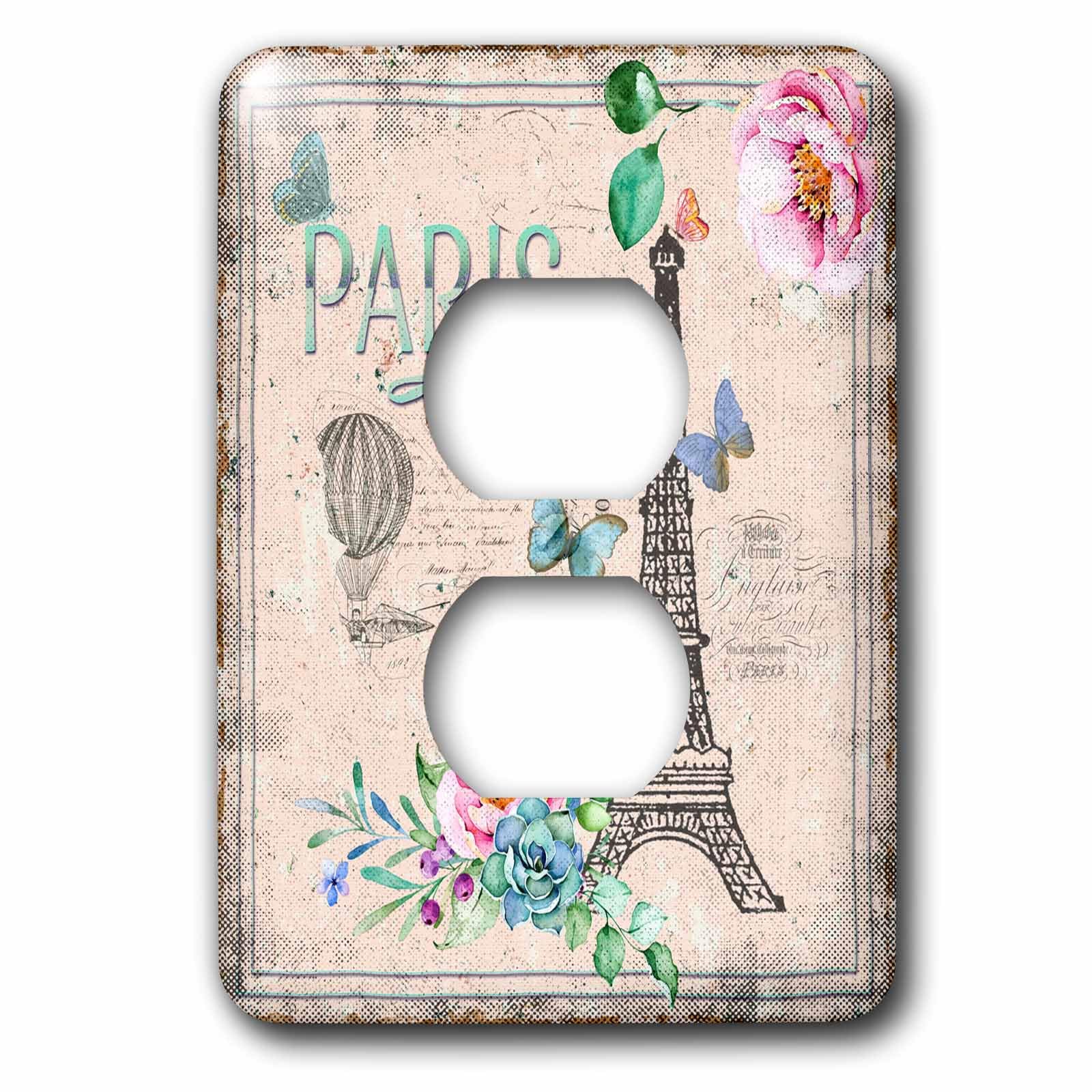 Plat de prise usé ? Cache-prise double Eiffel Tour rétro floral