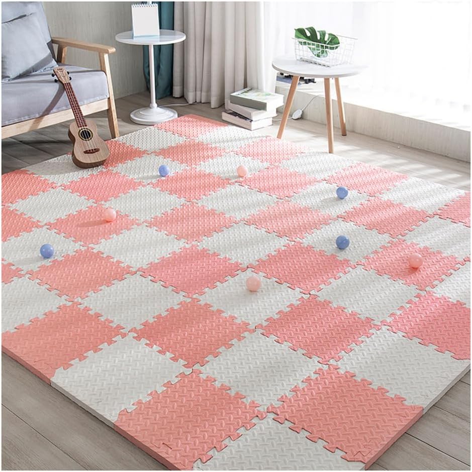 50 Pcs EVA Interlocking Foam Floor Tiles 12×12 in, 0.4 in Thick Non-Slip Puzzle Exercise Mat, DIY Cuttable for Home Gym, Classroom, Kids Playroom – White & Pink