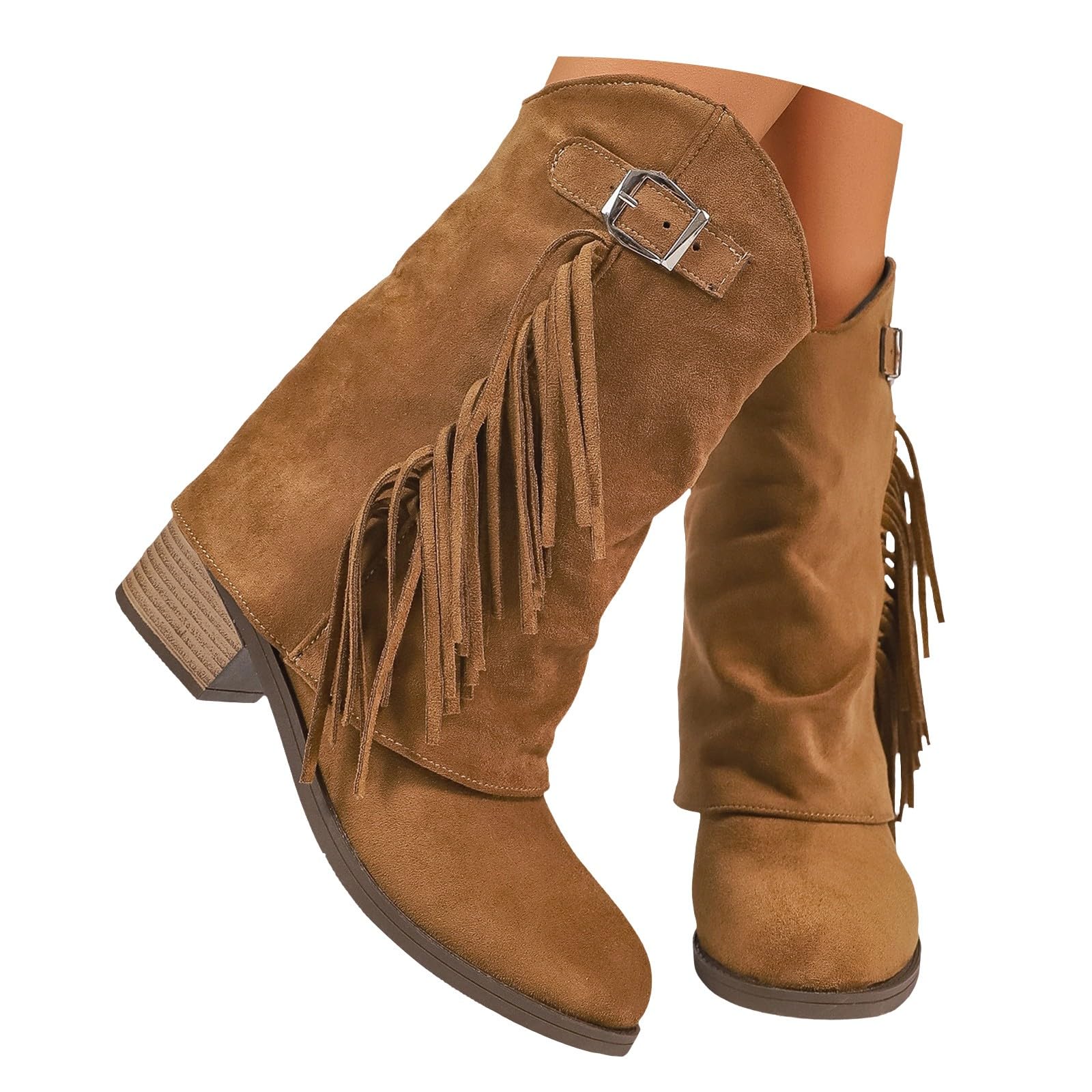 Stivali da cowboy da donna, a metà polpaccio, stile western, con tacco a blocco, bassi antiscivolo, scarpe vintage casual con fibbia, calzature per attività all'aperto, per concerti di musica country