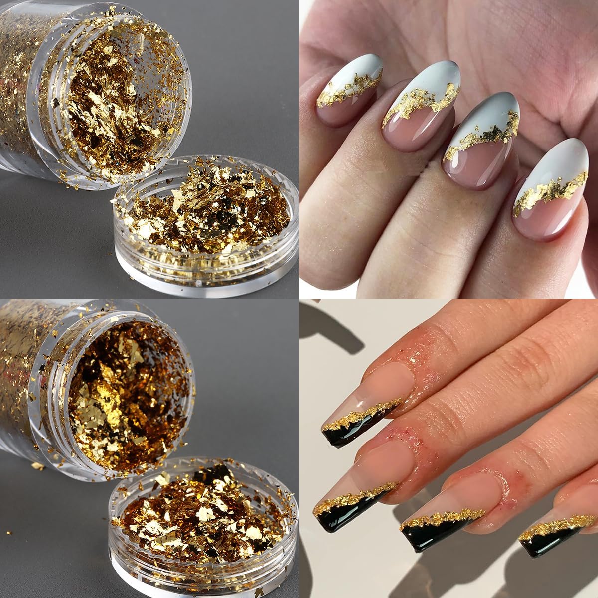 Fcozpjk Gold Foil Flakes for Nail Art, 6 Bottles Irregular Silver Hot Pink Gold Leaf for Nails, Golden Glitter Nail Decoration, Metallic Nail Art Glitter Flakes, Shiny Manicure Sequins