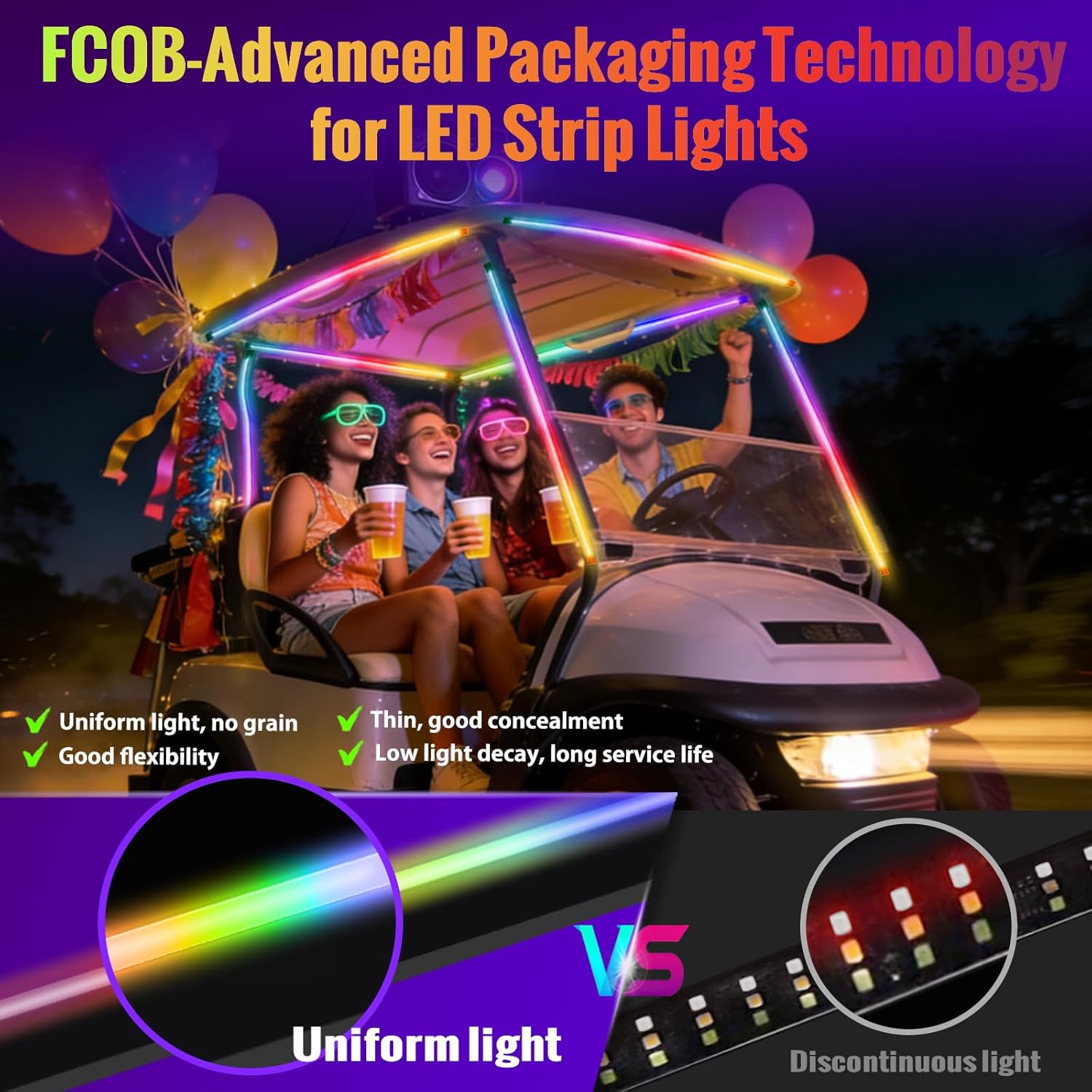 12-80V FCOB Golf Cart LED Light Strip, 200+ Dynamic Modes, CCT RGBW Dimmable Lighting, Smooth Uniform Glow, APP Control/Music Sync, IP67 Waterproof, Fit UTVs & ATVs, Perfect Golf Cart Decor