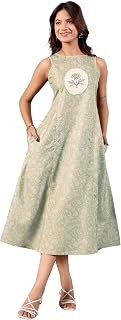 KRISHNAA SAKHII Womens Linen Blend Floral Midi Dress Sleeveless A Line Sundress with Pockets Lightweight Breathable Casual... Price In India