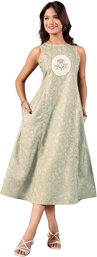 KRISHNAA SAKHII Womens Linen Blend Floral Midi Dress Sleeveless A Line Sundress with Pockets Lightweight Breathable Casual...