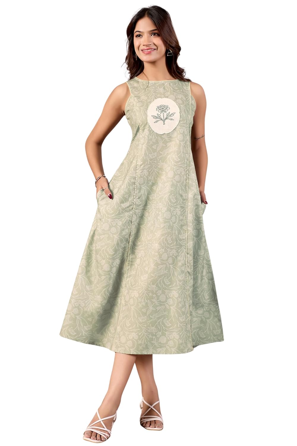 KRISHNAA SAKHII Womens Linen Blend Floral Midi Dress Sleeveless A Line Sundress with Pockets Lightweight Breathable Casual... - Review, Price and Buying Guide