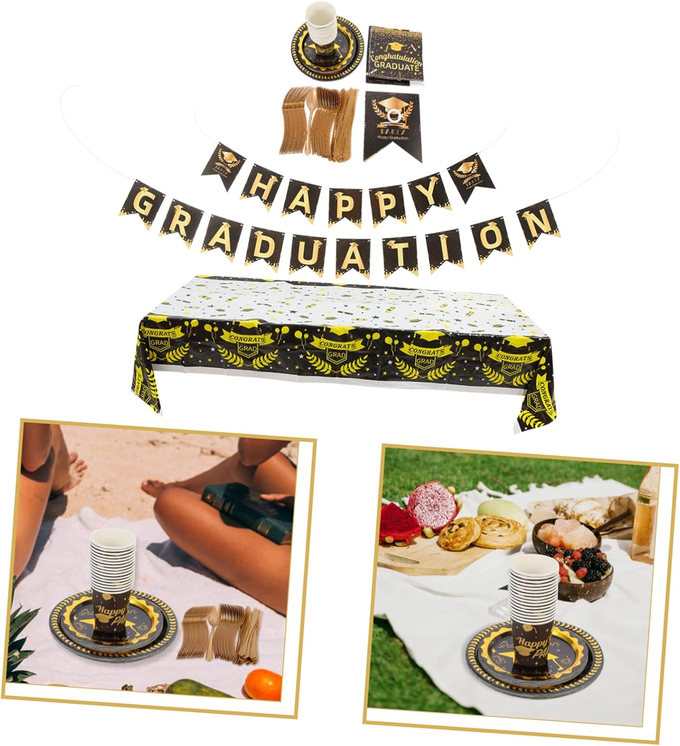 1set Graduation Party Disposable Tableware Foil Cups Plates and Napkins for Festive Event Decor