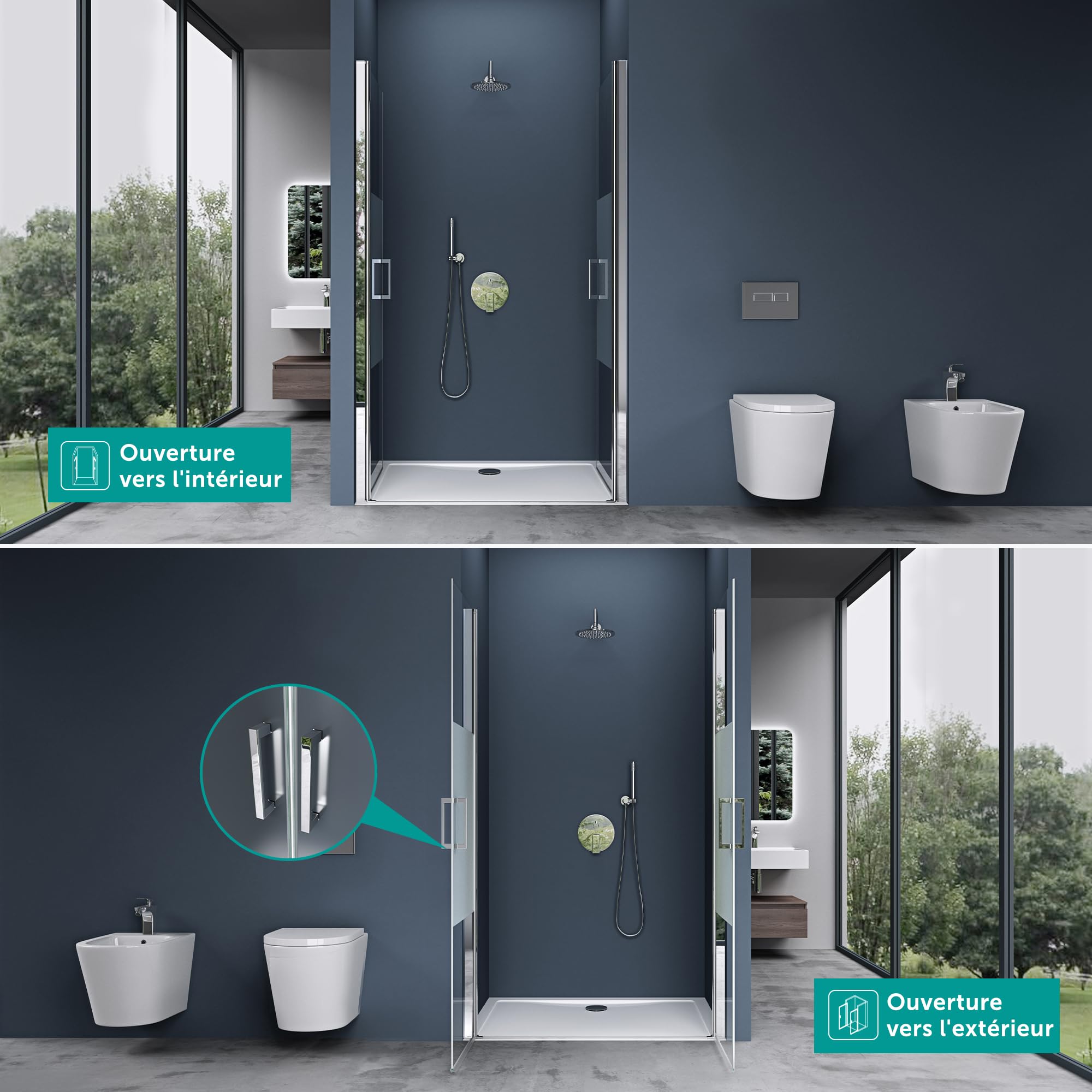 doporro Double Porte de Douche Pivotante pour Niche 140cm Verre Trempé 8mm | Paroi de Douche, Pare-Douche Verre de Sécurité, 140x195cm, Teramo24MS