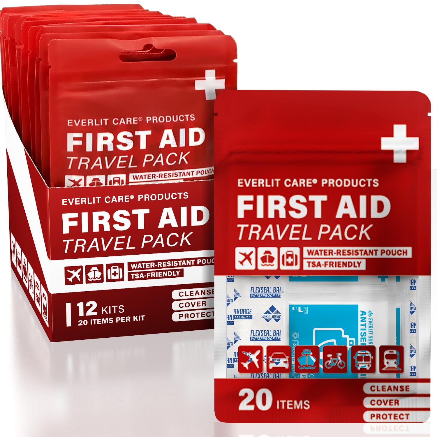 EVERLIT CARE Reiseverband-Set, 12 Einzelpackungen, tragbares Mini-Erste-Hilfe-Set mit 20 Essentials für unterwegs, kompakte, wasserfeste, wiederverwendbare Tasche zum Reinigen, Abdecken und Schützen