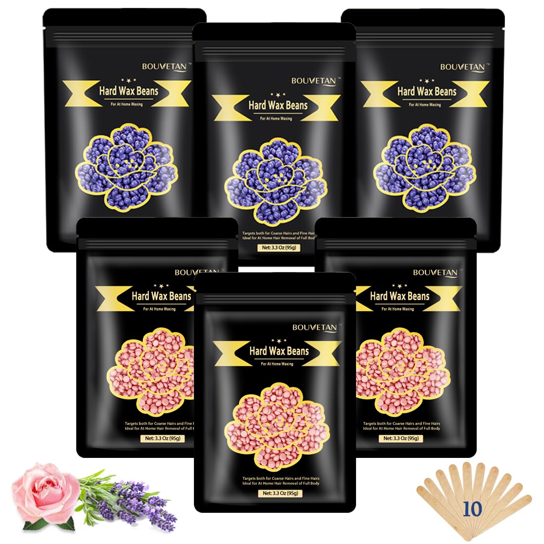 Perline di cera per depilazione, 0,6 kg/610 g, cera dura per sopracciglia, viso, bikini, gambe, braccia, epilazione completa del corpo, con 10 spatole, 6 confezioni