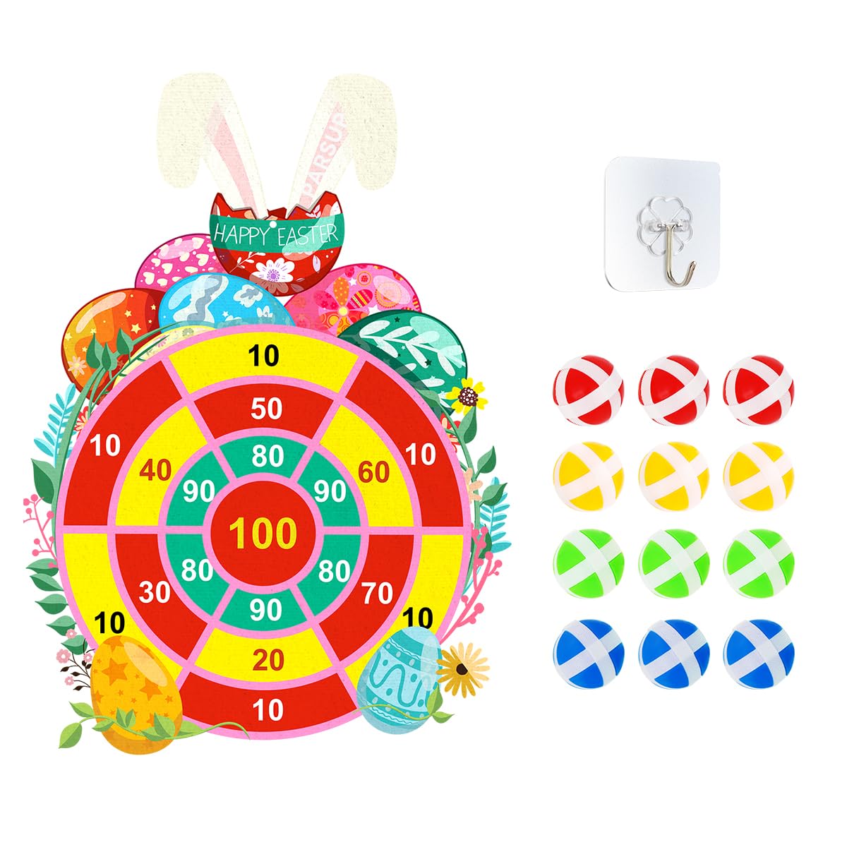Easter Dart Board Game Set, Cute Bunny Carrot Party Board Games with 12 Stick Balls, Happy Easter Indoor Outdoor Games for Kids Ages 4-8, Party Games Yard Toys