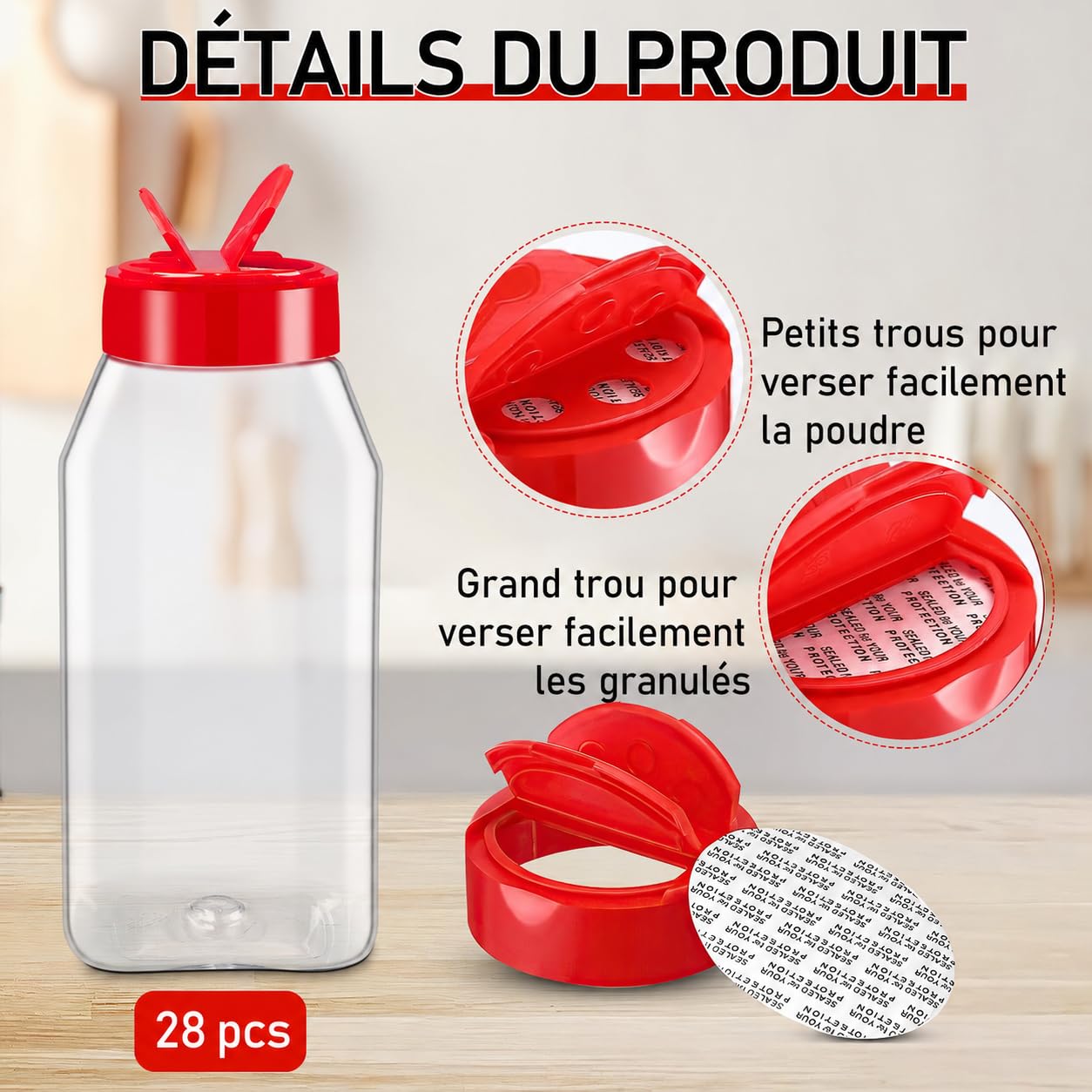 Lot de 28 Pots à Épices en Plastique 500 ml, Couvercles à Double Ouverture | Bocaux à Épices Réutilisables avec Étiquettes pour Sel, Herbes, Poivre, Poudres et Organisation de Cuisine