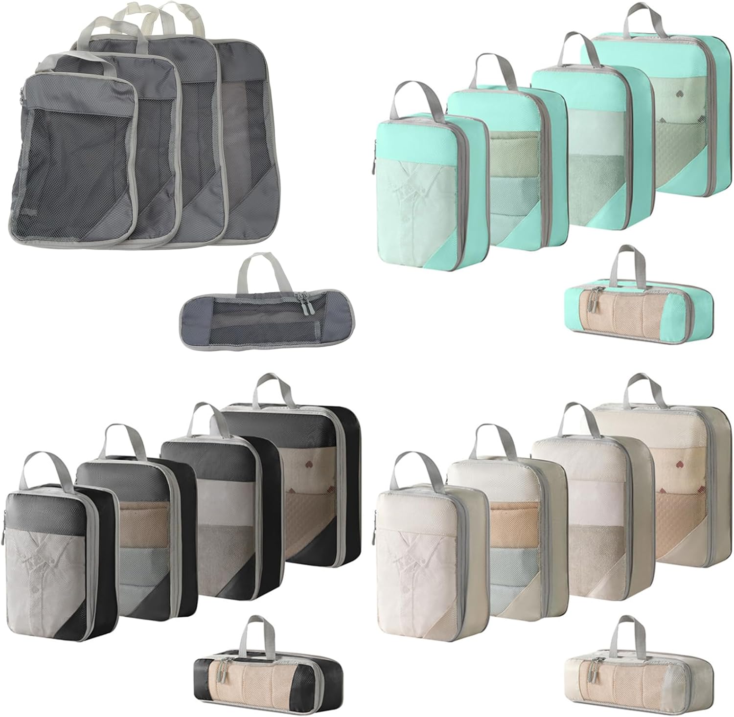 5個 圧縮可能な旅行用荷物オーガナイザー ポータブルパッキングキューブ 衣類 靴 洗面用品 収納バッグ 省スペース