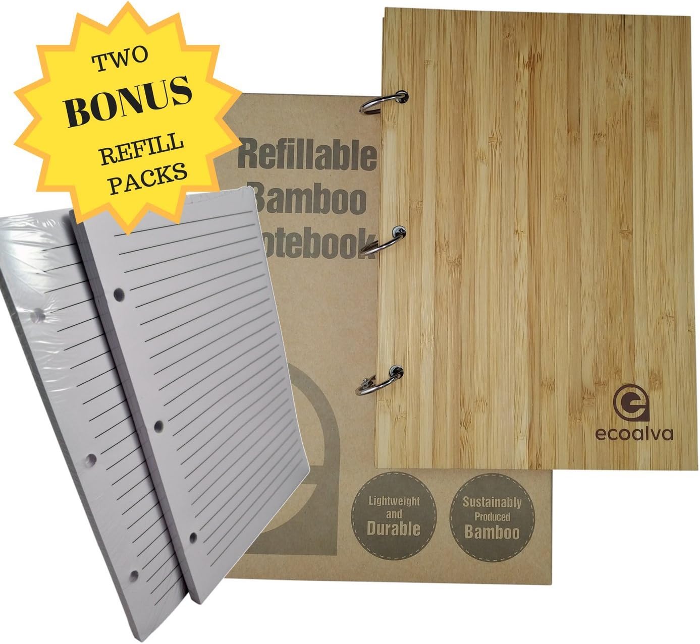 ecoalva Refillable Bamboo Notebook Journal Diary Lined Pages, Ergonomic Size Notepad with Hard Cover, for Writing Prompts, Diet Planning, Weight Watchers, Scrapbook, Travel (Plain)