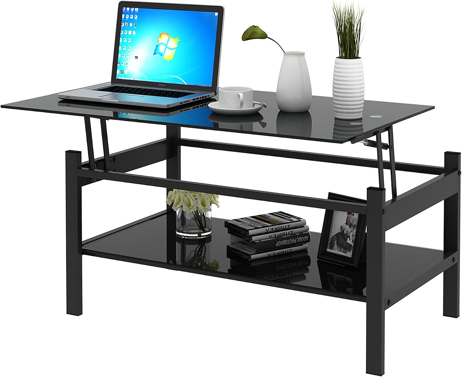 Expeak Glass Lift Top Coffee Table, Black Tempered Glass Pop-Up Desk with Storage