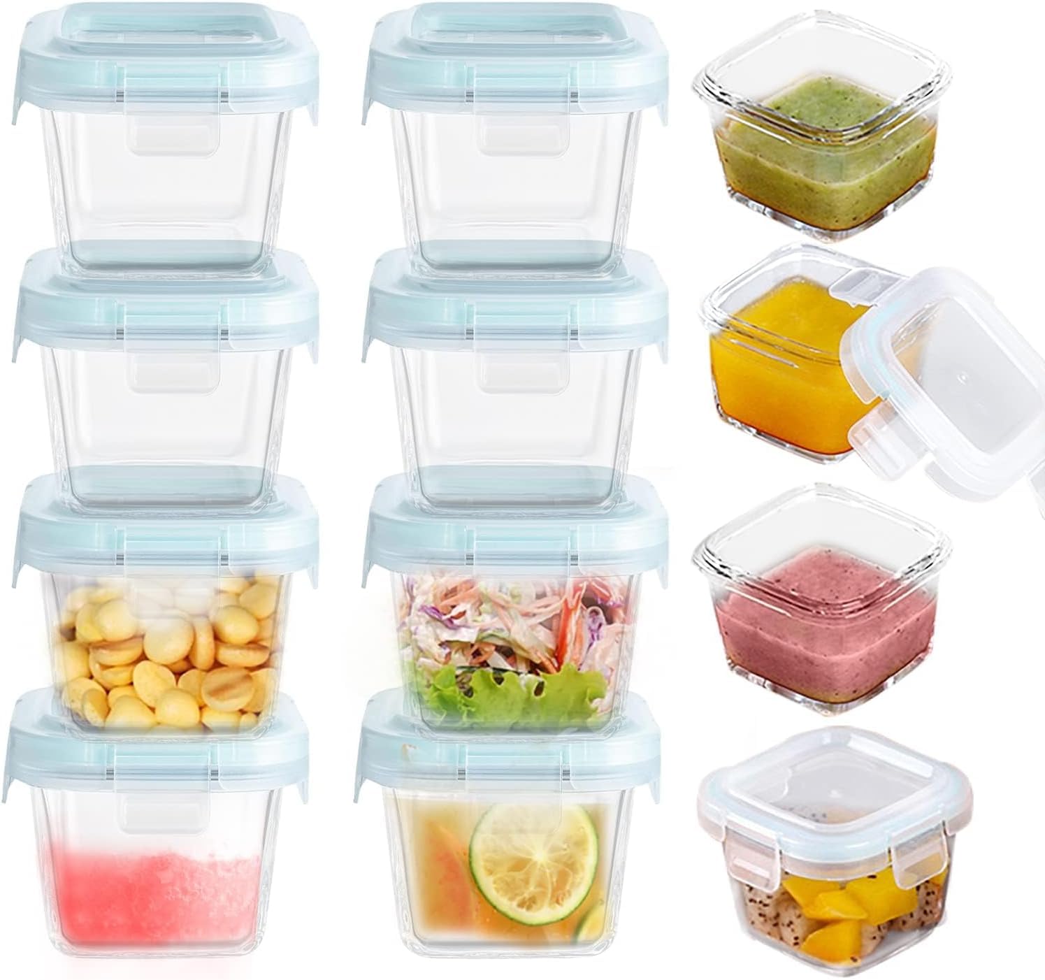 Paquete de 12 recipientes de vidrio para almacenamiento de alimentos para bebés, recipientes de vidrio de 6 onzas con tapas de bloqueo herméticas para aperitivos, avena nocturna, salsa de aderezo de