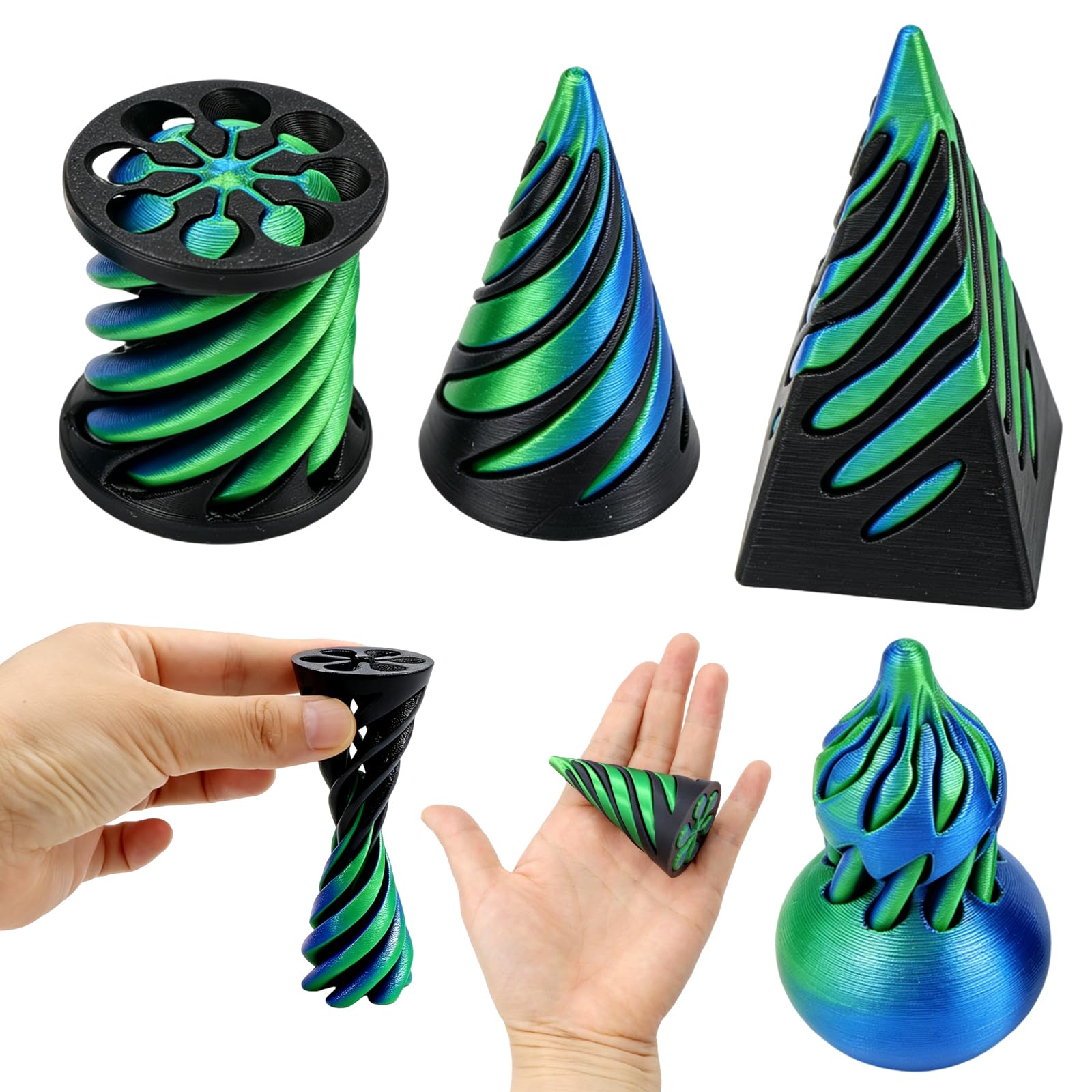 KASURE 4 PCS Impossible Cone Fidget Toys, 3D Printed Spiral Cone Fidget Toy for Stress Relief Two-tone Impossible Pyramid Passthrough Sculpture Fun Desktop Decorations Toy for Kids Adult Gift