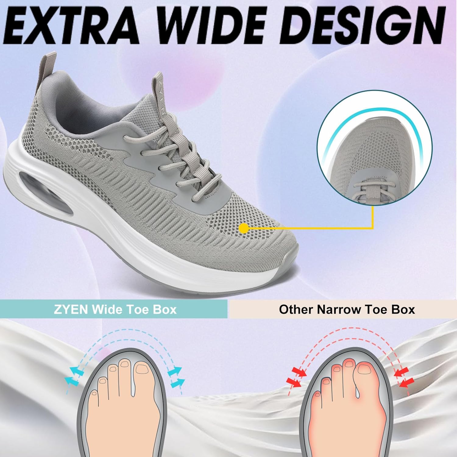ZYEN Wide Toe Box Shoes Women Air Cushion Road Running Shoes Extra Wide Width Sneakers Arch Support Gym Athletic Tennis Sneakers Lightweight Breathable Walking Shoes - Image 2