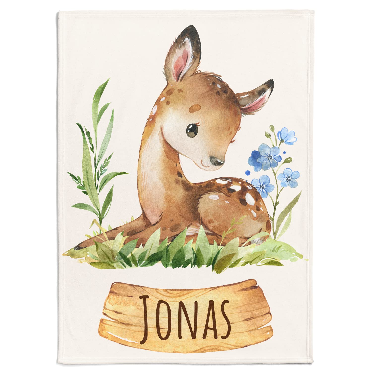 Personalisierte Babydecke mit Rehlein & Blumen Motiv | Kinderdecke personalisierbar mit Wunsch Name & Rehgeiß | Baby Decke Namensdecke (REH), 80 x 110 cm