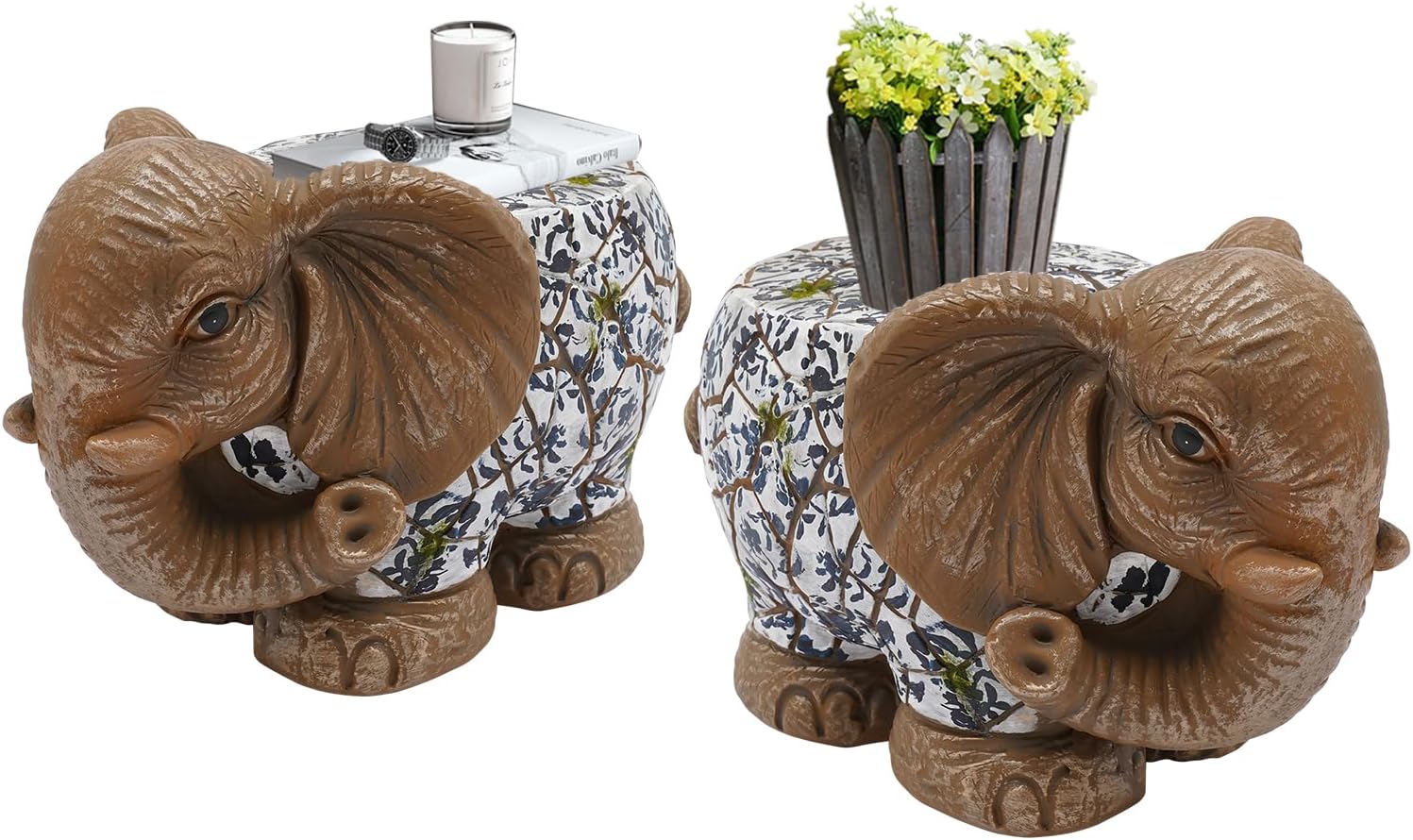 2PCS Porcelain Elephant Ceramic Garden Stool, Modern Outdoor & Indoor, Side Table, Decorative Planter Stand, 110 lbs Capacity