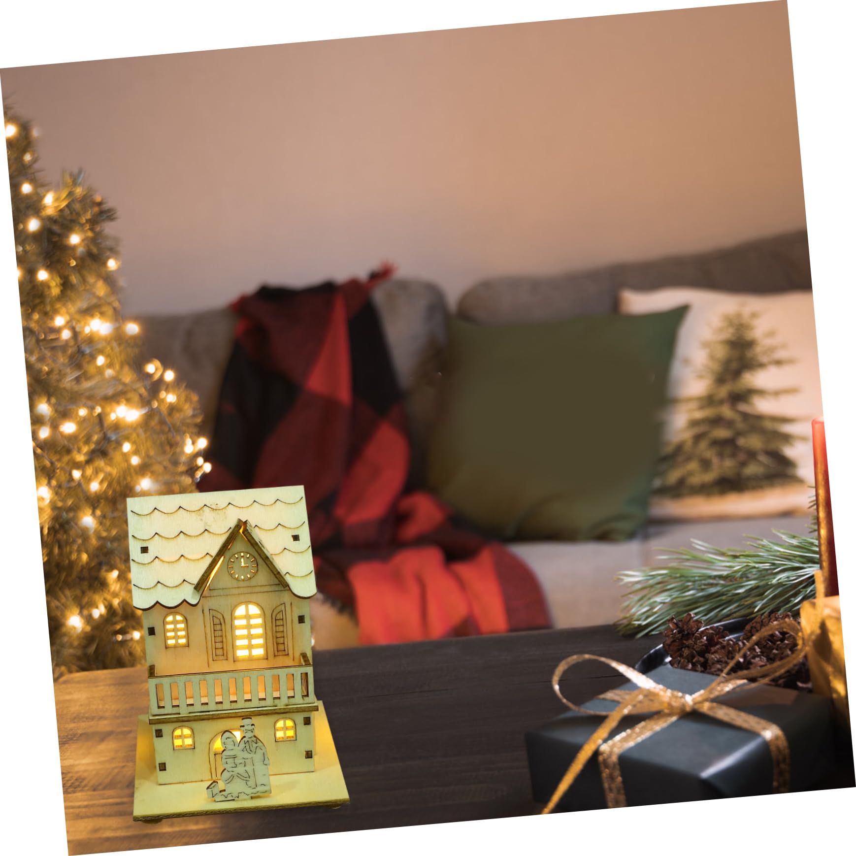 COLLBATH Decorazioni Natalizie Luminose in Legno Resistenti Per Ambienti Interni, Set 3 Pezzi Di Casette Luminose Design Festivo, Per Soggiorno, Negozi e Feste Di Natale