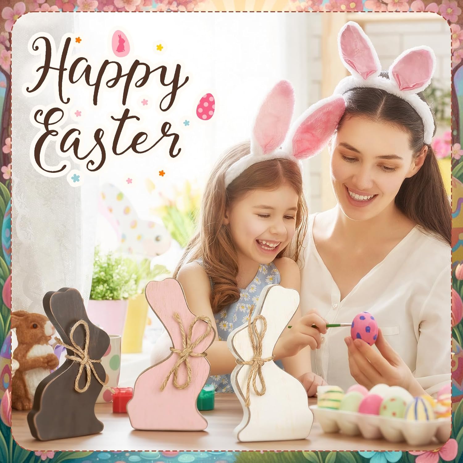 BreezeHug 3 Pcs Easter Bunny Table Decorations, Farmhouse Easter Wooden Bunny Sign with Jute Bows Decor Spring Vintage Rabbits Table Centerpiece for Home Office Tabletop Tiered Tray Gifts - Image 6