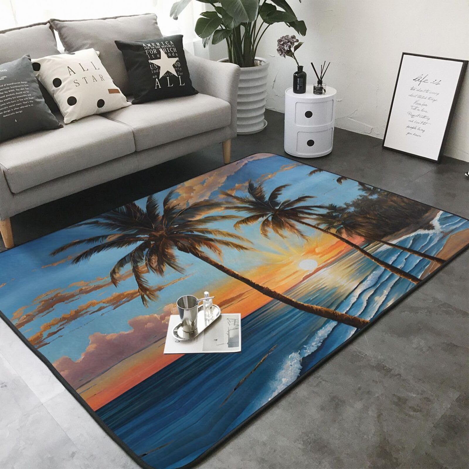 Tropical Sunset Print Living Room Anti Slip and Absorbent Carpet, Indoor Bedroom Bed Floor Mat, Ultra Soft Washable Carpet 80x58 in