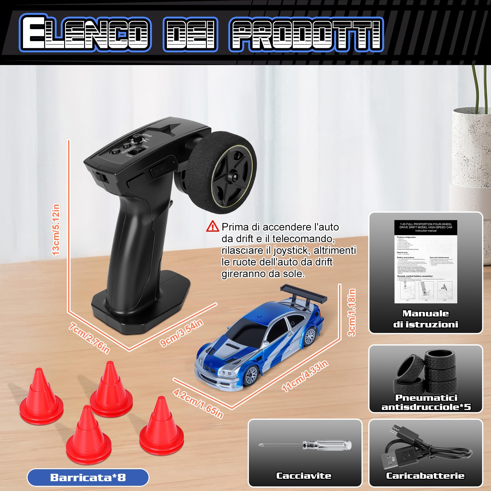 JONRRYIN RC Auto Drift Pro 1:43, Macchina Telecomandata Drift, Mini Drift Car, Micro Macchina Telecomandata con Luce LED, 15km/h, Auto Giocattolo per Bambini di 14 Anni (Blu Pro-Gyro)