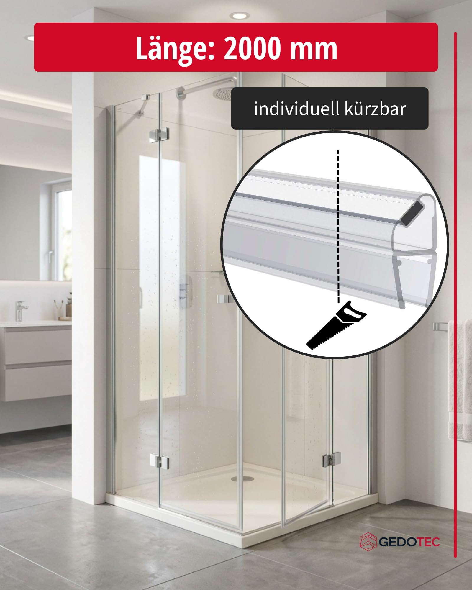 Gedotec Joint a levre magnetique pour douche 90° - 1 paire Longueur 2 m - verre 6-8 mm - PVC transparent - Cabines de douche, paroi