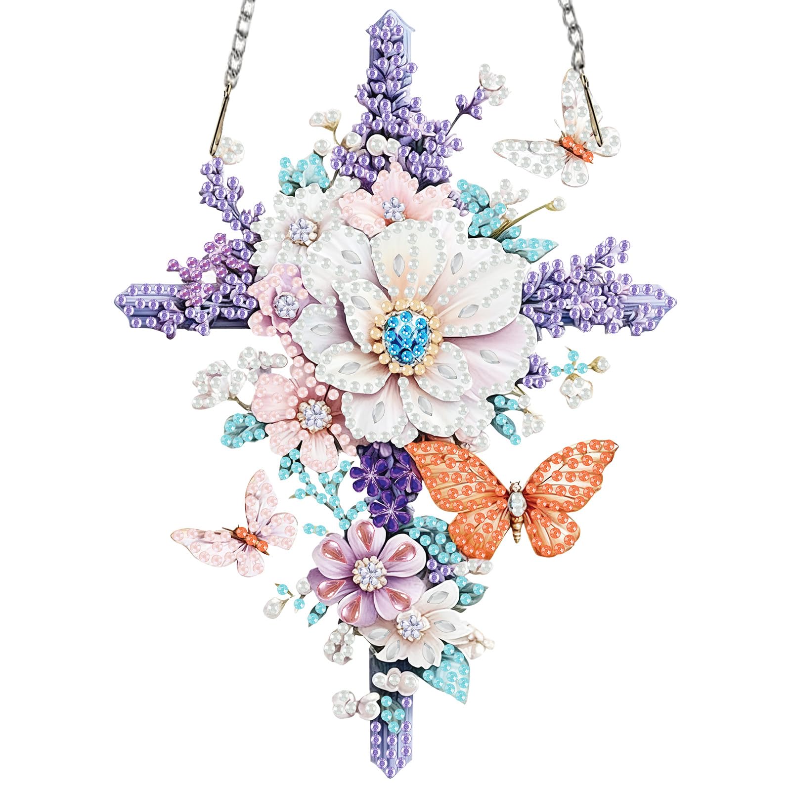 MISCER Cross Hanging Diamond Art Painting Kits for Adults Double Sided, DIY 5D Diamond Painting PendantP, Flowers Crystal Diamond Gem Art Painting for Window Garden Home Wall Decor