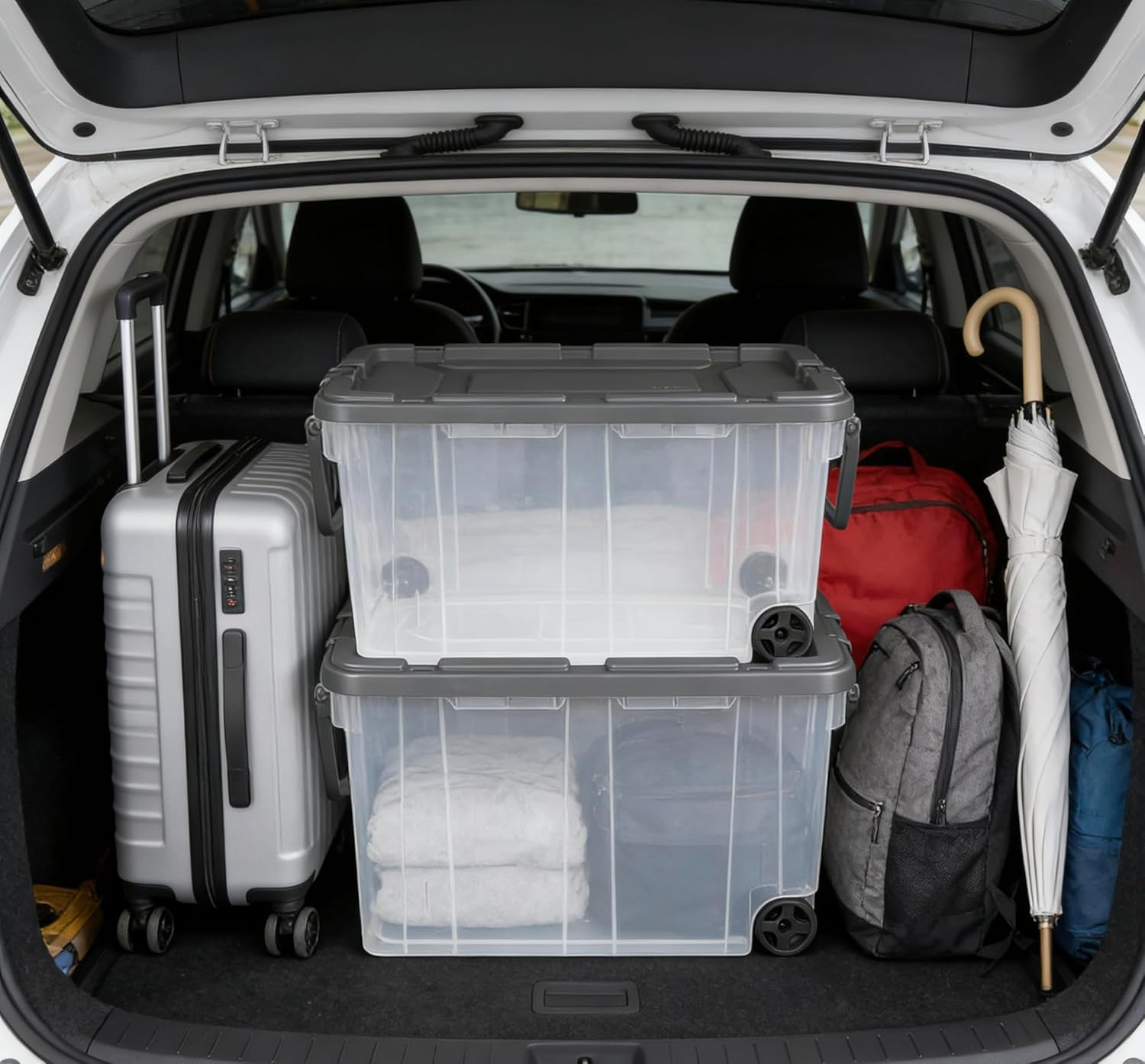 160 Quart Wheeled Stacker, Extra Large Durable Clear Bin, Latch Lid and Pull Handle, Gray, 2 Count